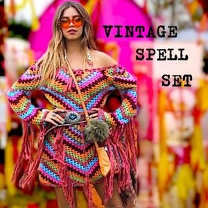 Vintage Spell Designs Set Fringe Bohemian Joni Crochet Crop Top & Mini Skirt M/L
